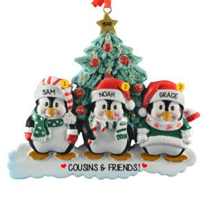 Image of Three Cousins  Penguins Around Glittered Tree Ornament