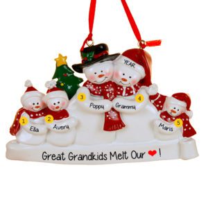 Image of Great Grandparents + 3 Great Grandkids Snow Family Ornament