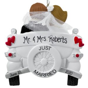 Image of Personalized Mr & Mrs Old-Fashioned Car Wedding Ornament BRUNETTE Bride