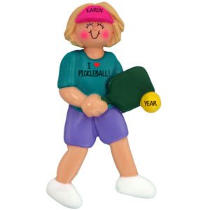 Image of Pickleball Lady Holding Paddle Personalized Ornament BLONDE