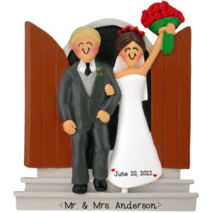 Image of Personalized Newly Wed Couple Leaving Church Ornament Male BLONDE Female BRUNETTE