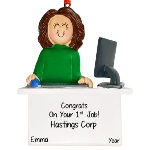 Image of Congrats On Your First Job Girl At Computer Ornament BRUNETTE