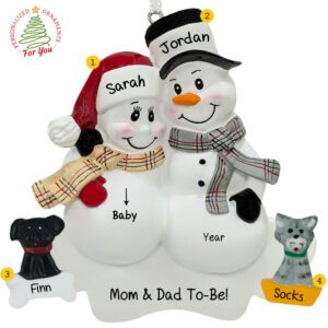 Expecting Snow Couple + DOG + CAT Personalized Ornament