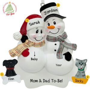 Expecting Snow Couple + DOG + CAT Personalized Ornament