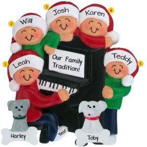 Image of Personalized Family Or Group Of 5 + 2 Pets Around Piano Ornament