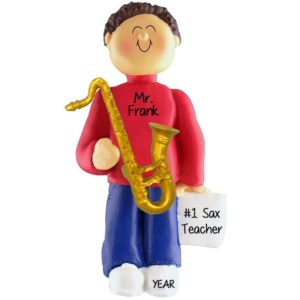 Image of Personalized SAXOPHONE Male Teacher Ornament BROWN HAIR