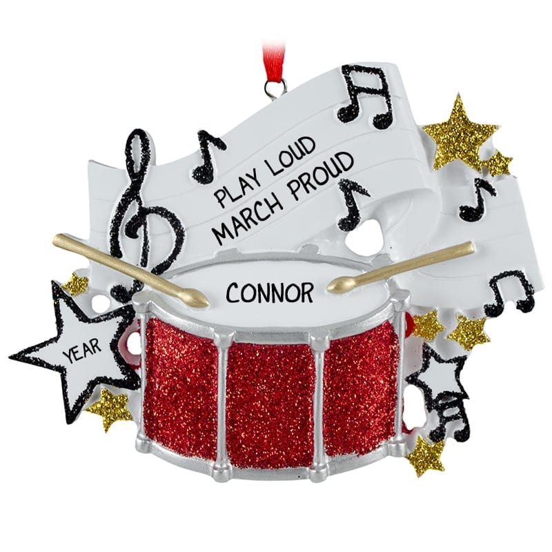 Personalized Marching Band RED Glittered Drum Ornament Personalized
