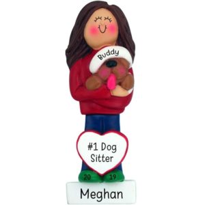 Image of Pet Sitter Female Holding Dog Personalized Ornament BRUNETTE