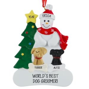 Image of Dog Groomer With 2 Dogs Snowman Personalized Ornament