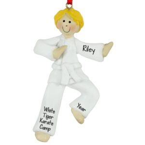 Image of Personalized Karate Camp Boy WHITE Belt Ornament BLONDE Hair