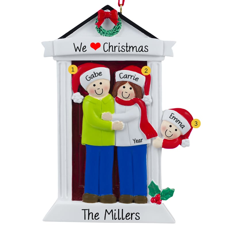We Love Christmas Family Of 3 Door Ornament BRUNETTE - Personalized ...