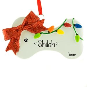 Image of Dog Bone With Lights & Glittered Bow Personalized Ornament