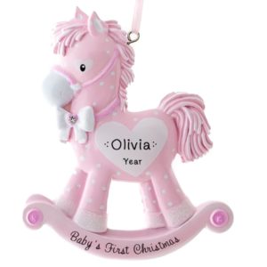 Image of Baby Girl's 1st Christmas PINK Rocking Horse With Hearts Personalized Ornament