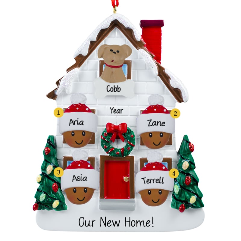 African American Family Of 4 + Dog New Home Ornament - Personalized ...