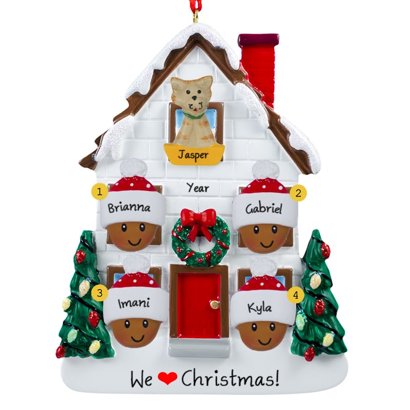 African American Family Of 4 + Cat Christmasy House Ornament ...