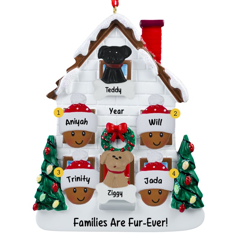 African American Family Of 4 + 2 Dogs Christmasy House Ornament ...