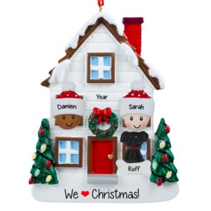 Image of Biracial Couple + Dog Christmasy House Ornament