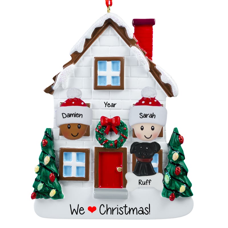 Biracial Couple + Dog Christmasy House Ornament Personalized