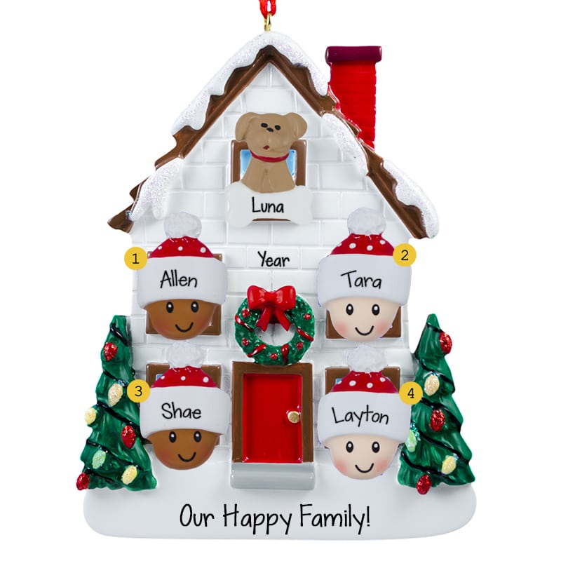 Biracial Family Of 4 + Pet Christmasy House Ornament - Personalized ...