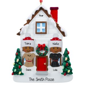 Image of African American Couple + 2 Dogs Christmasy House Ornament
