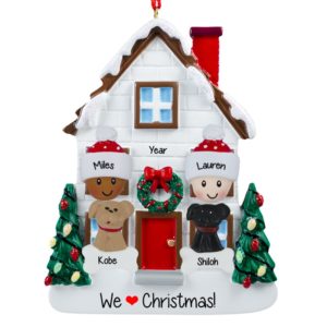 Image of Biracial Couple + 2 Dogs Christmasy House Ornament