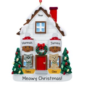 Image of African American Couple + 2 Cats Christmasy House Ornament