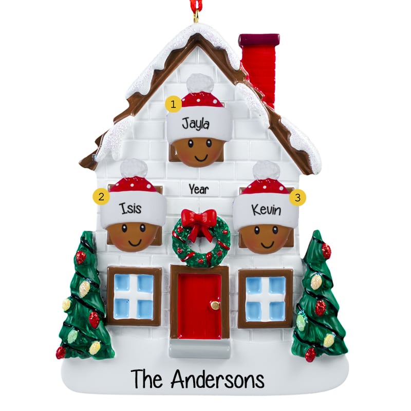 African American Family Of 3 Christmasy House Ornament - Personalized ...