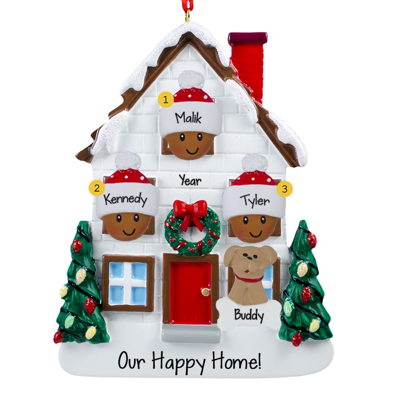 African American Family Of 3 + Dog Christmasy House Ornament ...