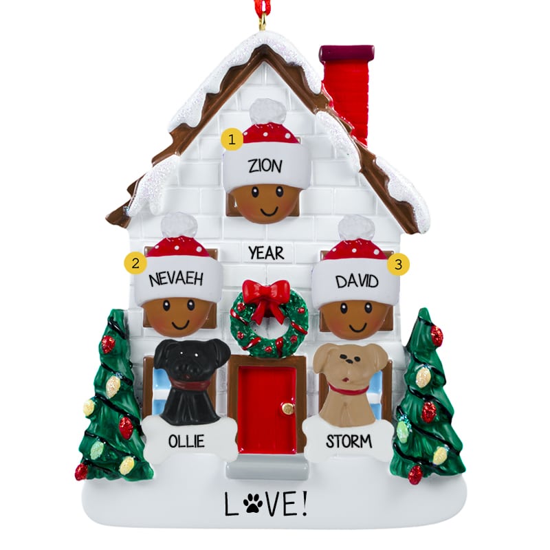 African American Family Of 3 + 2 Dogs Christmasy House Ornament ...