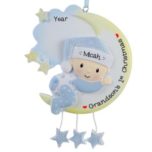 Image of Grandson's 1st Christmas Baby BOY On Moon Ornament