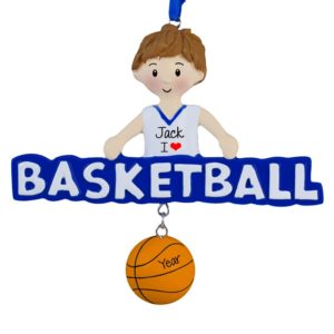 Image of BOY Holding Basketball Word Dangling Ball Ornament