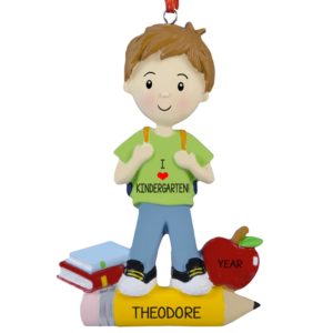 Image of I Love Kindergarten Little Boy Books Pencil + Apple Ornament