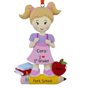 Image of I Love First Grade Little GIRL Books Pencil + Apple Ornament
