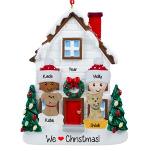 Image of Biracial Couple + 2 Pets Christmasy House Ornament