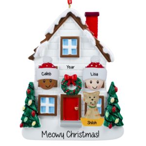 Image of Biracial Couple + Cat Christmasy House Ornament
