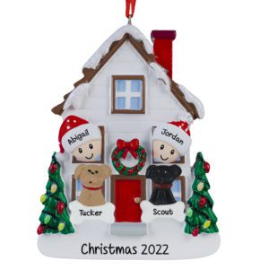 Image of Couple With 2 Dogs Christmasy House Ornament