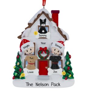 Image of Couple With 3 Dogs Christmasy House Ornament