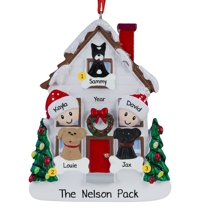 Couple With 3 Dogs Christmasy House Ornament - Personalized Ornaments ...