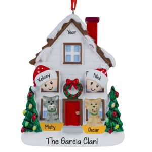 Image of Couple With 2 Cats Christmasy House Ornament