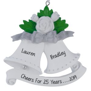 Image of Personalized Anniversary Bells White Rosettes & Silver Bow Ornament