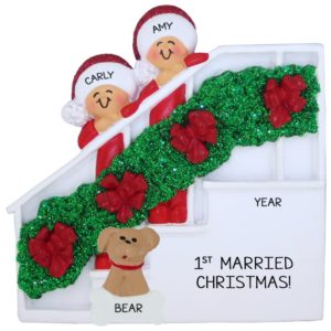 Image of Gay / Lesbian 1st Married Christmas With Dog Couple On Stairs Ornament