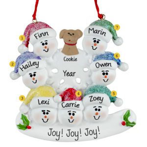 Image of Seven Grandkids + Dog Snowmen Around Flake Ornament