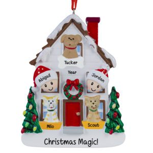 Image of Personalized Christmasy Couple With 3 Pets House Ornament