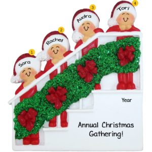 Image of Four Friends Celebrating Christmas On Decorative Stairs Ornament