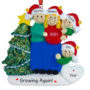 Image of Expecting Couple With 2 Kids Santa Hats BLONDE Mom Ornament