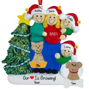Image of Expecting Couple With One Child Santa Hats Ornament BLONDE Mom