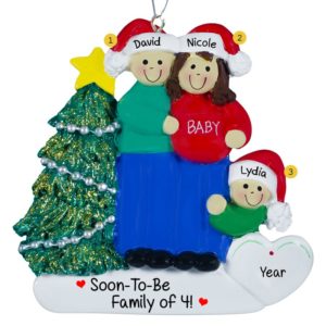 Image of Expecting Couple With One Child Santa Hats Ornament BRUNETTE Mom