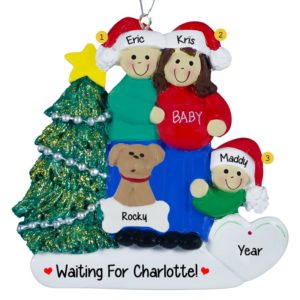 Image of Expecting Couple With One Child + DOG Ornament BRUNETTE Mom