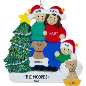 Image of Expecting Couple With One Child + 2 Pets Ornament BRUNETTE Mom