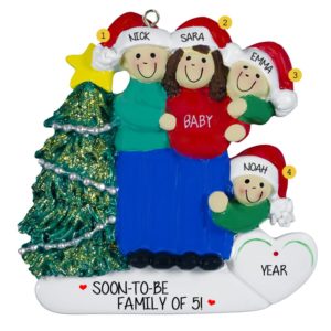 Image of Expecting Couple With 2 Kids Santa Hats BRUNETTE Mom Ornament